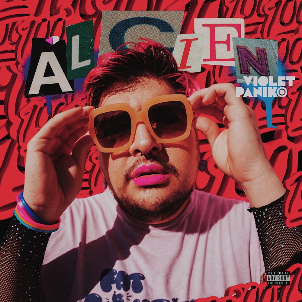 Cover of Al Cien: Violet Paniko lifting orange sunglasses against a red scribble pattern, cut-out letters spelling the title