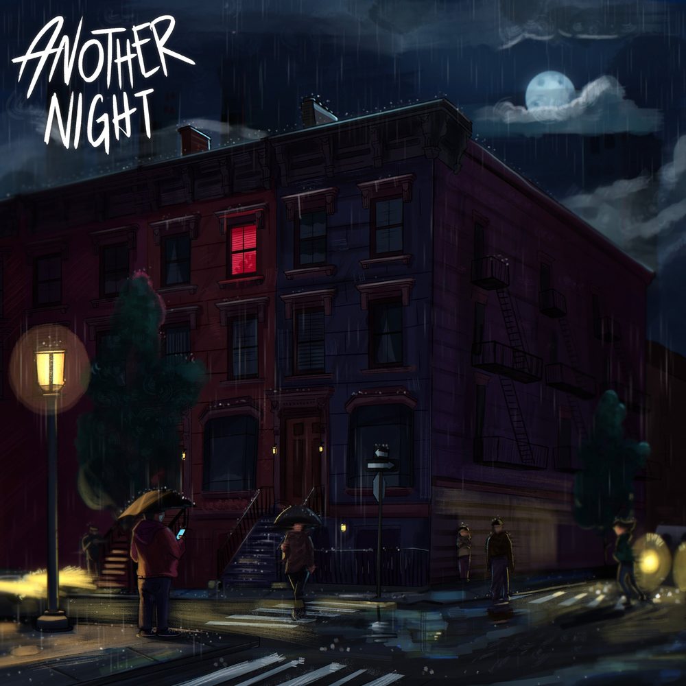 Cover of Another Night: an illustrated rainy city corner at night with one red-lit window