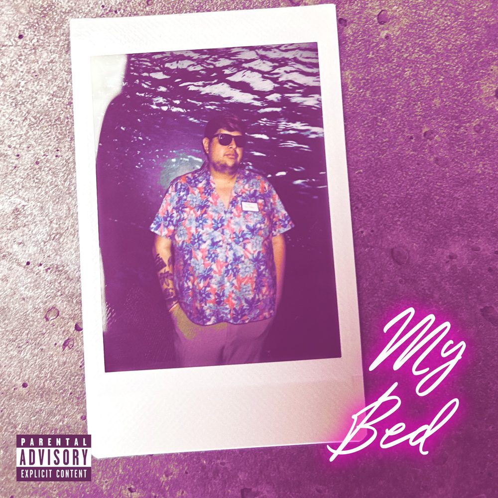 Cover of My Bed: an instant-film photo of Violet Paniko in sunglasses and a floral shirt on a purple textured ground, with neon script title