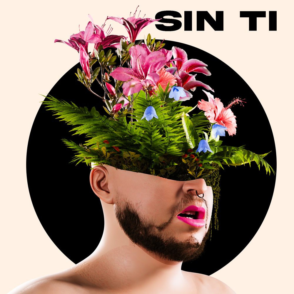 Cover of Sin Ti: a 3D portrait with flowers and ferns growing from the head, pink lips, black circle on cream