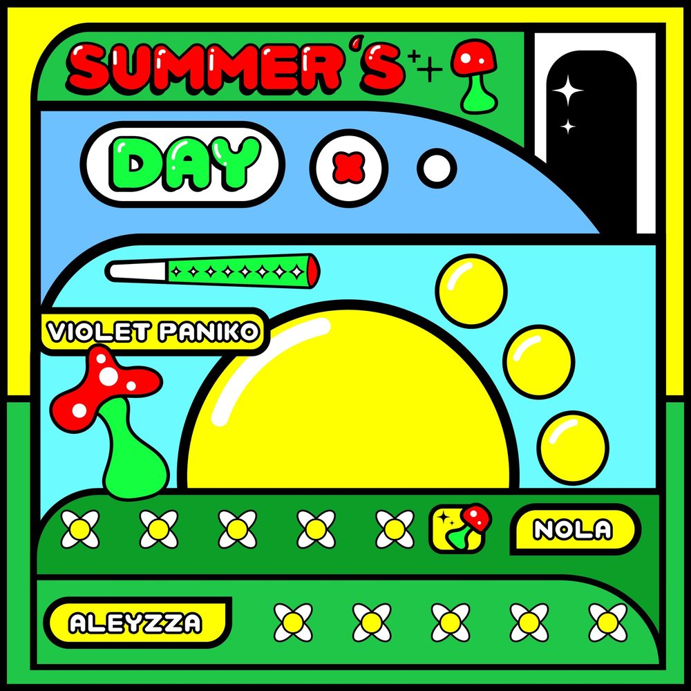 Cover of Summer's Day: a bold cartoon landscape with a yellow sun, mushrooms and daisies