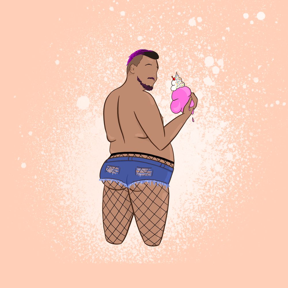 Cover of Thicc Boi with Kymorii: an illustration of a figure in denim shorts and fishnets holding an ice cream, on peach